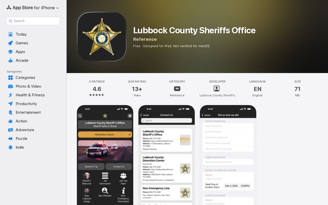 Official Lubbock County Sheriff's Office mobile app listing