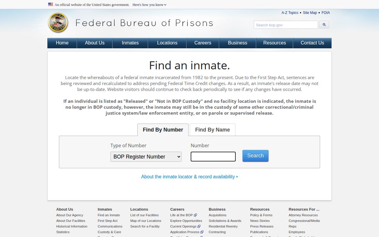Federal BOP locator for a Lubbock County released inmate record