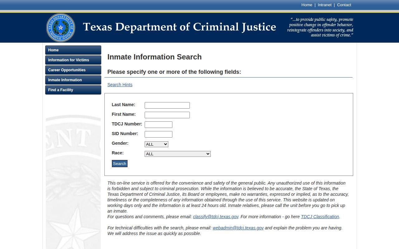 TDCJ offender search fields for Lubbock County state-prison release records
