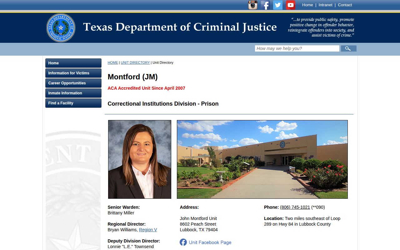 Official TDCJ John Montford Unit profile