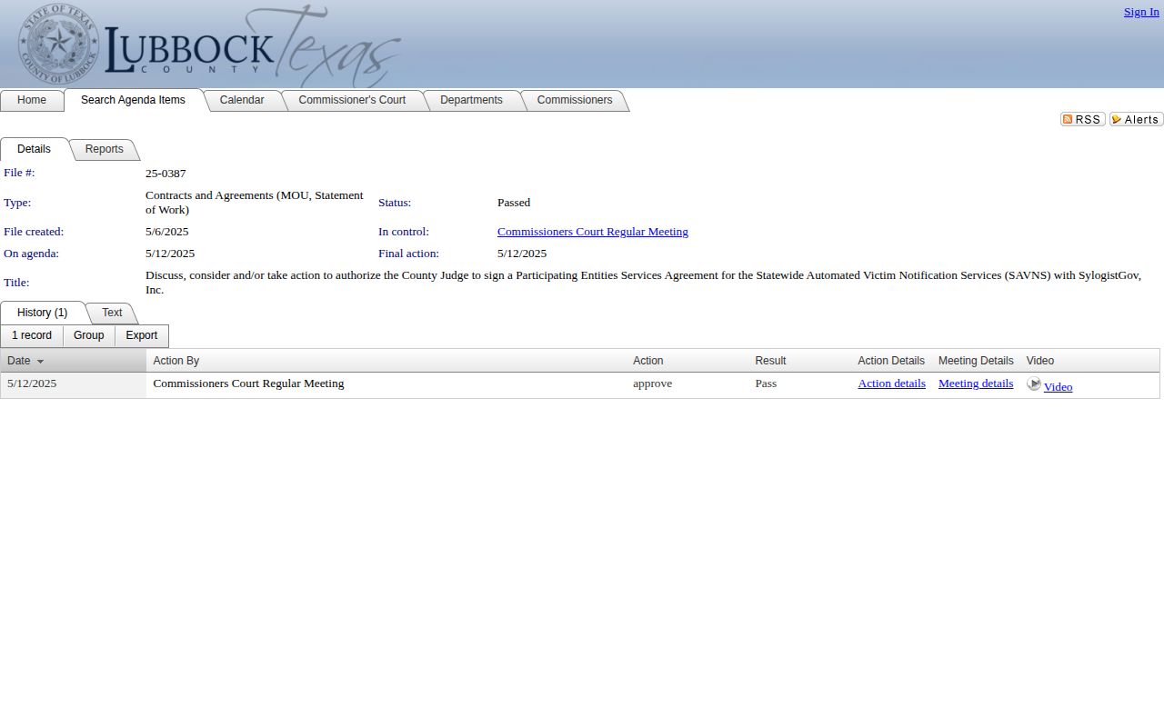 Lubbock County IVSS release notification vendor record